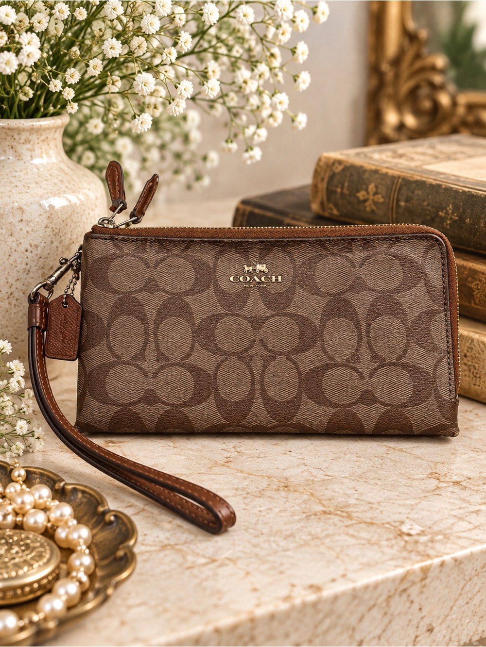 Coach Signature C Brown Canvas Zip Around Clutch Wallet Wristlet